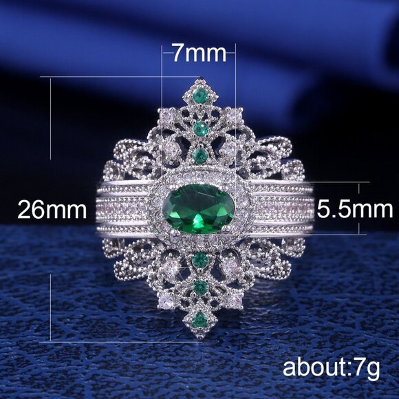 💞 Vintage Emerald Green Oval Zircon Anillo Luxury Silver Ring for Women,VIP401 - Picture 3 of 5